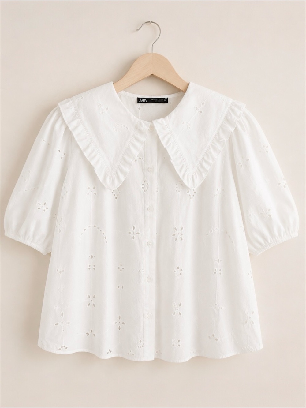 Zara White Cotton Eyelet Blouse Peter Pan Oversized Collar Puff Sleeve M